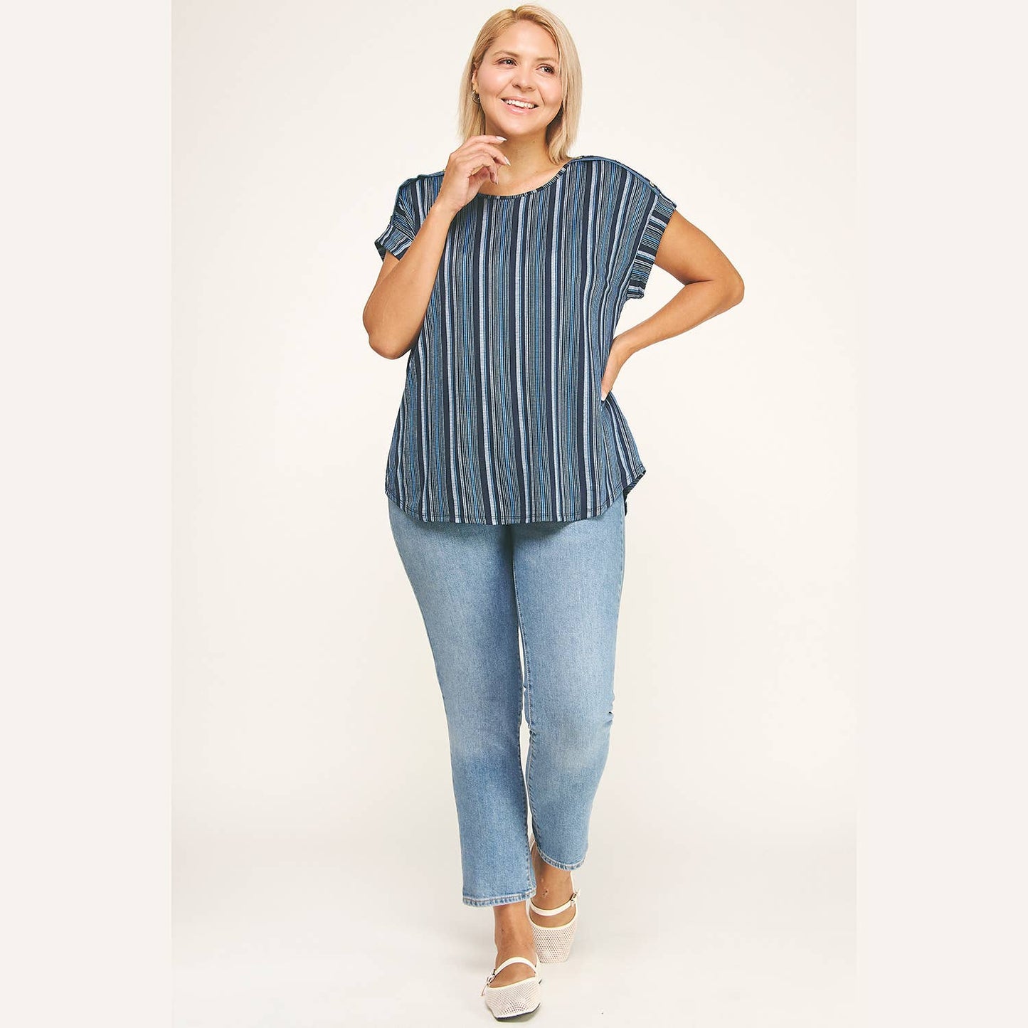 Plus Angela Blue Striped Top (1X/2X/3X)