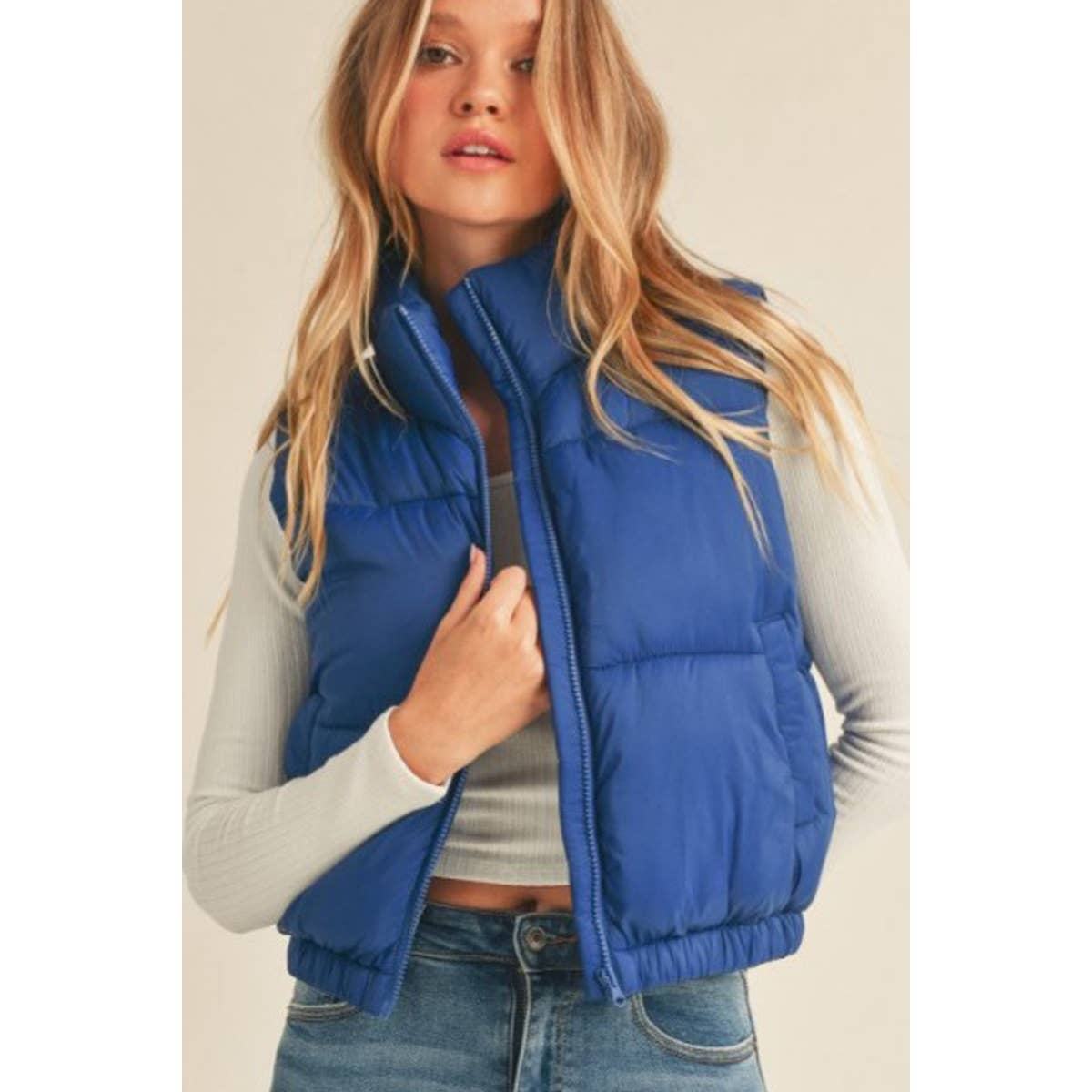 Nylon High Neck Faux Down Puffer Vest - Ivory
