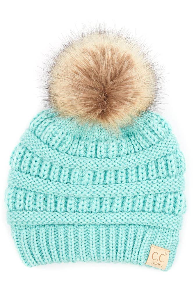 C.C Kids Solid Ribbed Beanie with Pom: Ivory