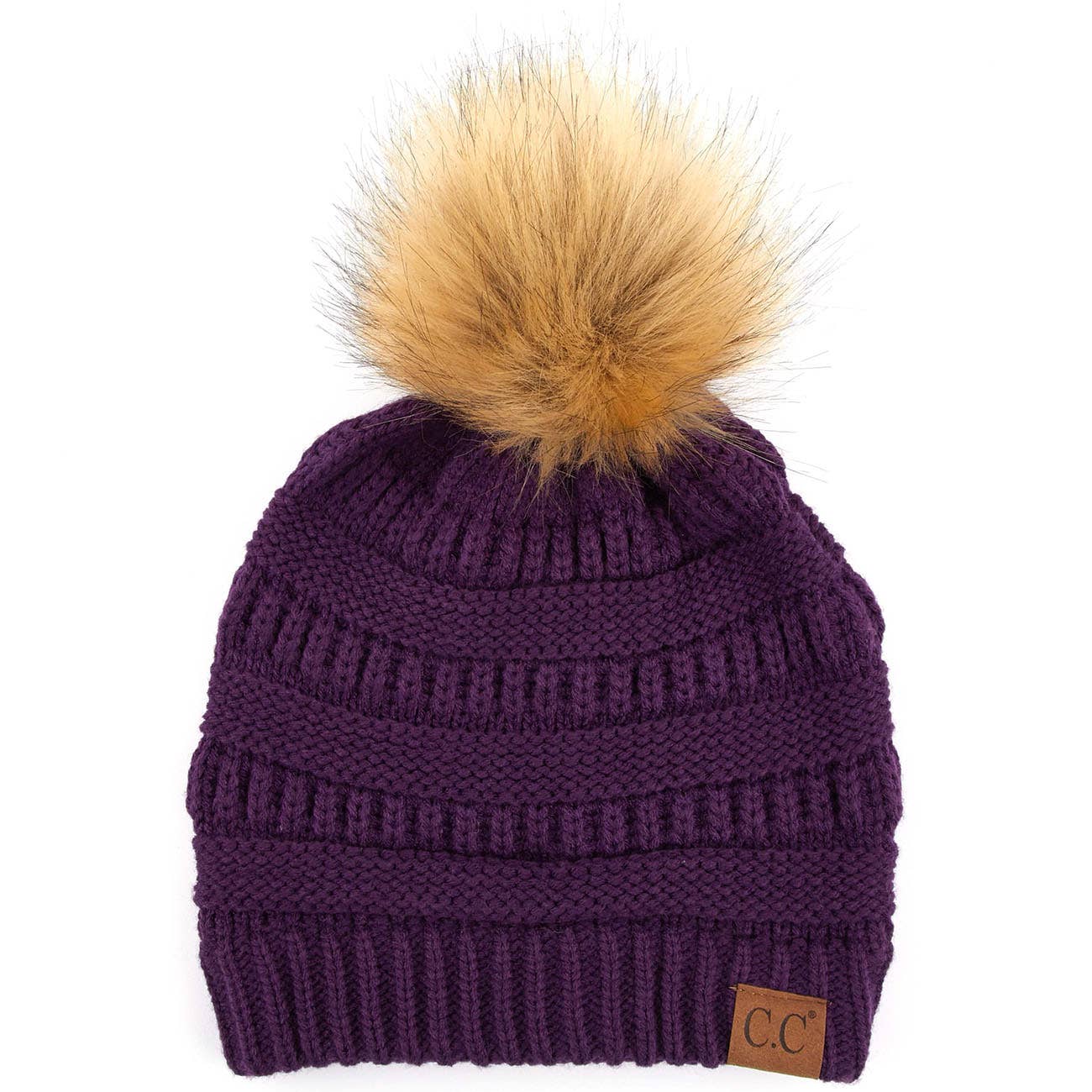 C.C Solid Ribbed Knit Beanie With Pom: Beige