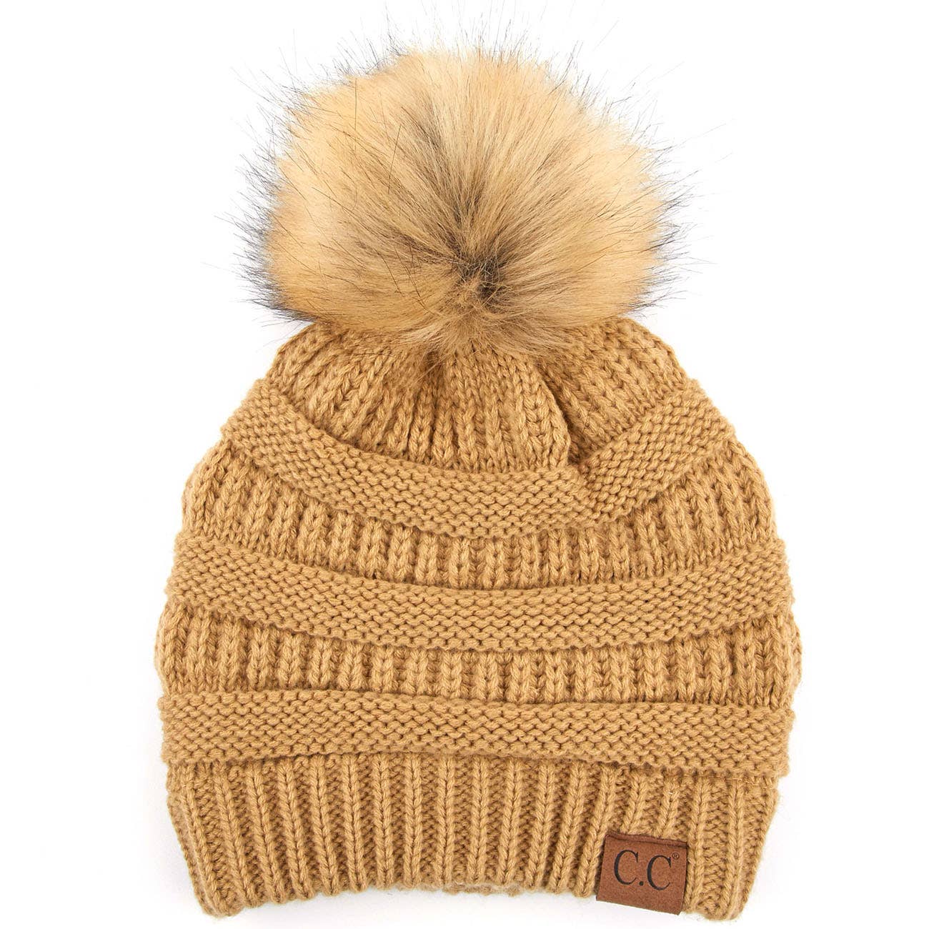 C.C Solid Ribbed Knit Beanie With Pom: Beige