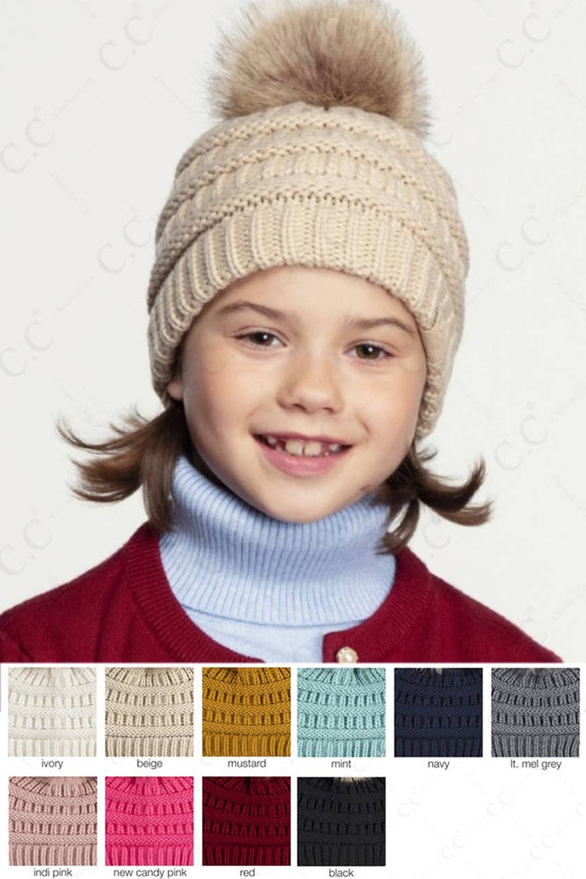 C.C Kids Solid Ribbed Beanie with Pom: Ivory