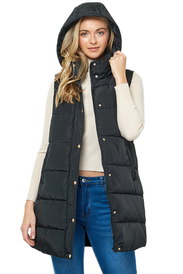 Paige Longline Hooded Puffer Vest: Black