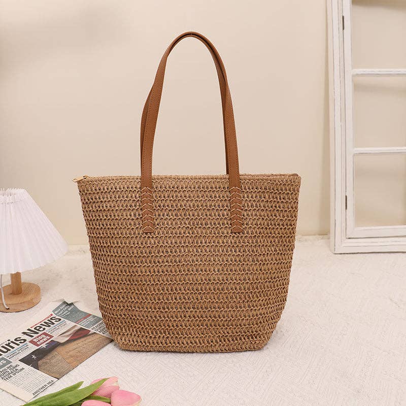 Woven Straw Tote Bag: Beige