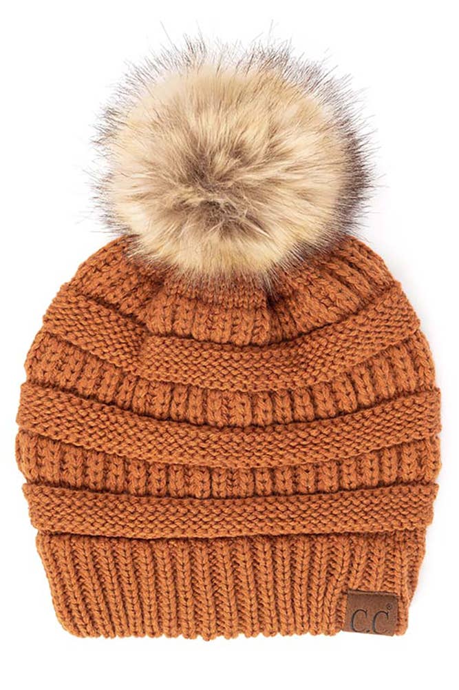 C.C Solid Ribbed Knit Beanie With Pom: Beige
