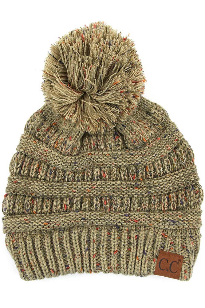 C.C Confetti Knit Beanie With Pom: Oatmeal