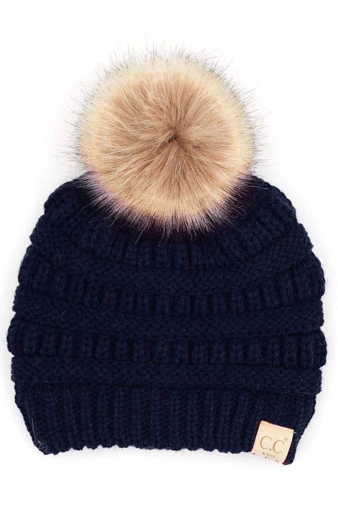 C.C Kids Solid Ribbed Beanie with Pom: Ivory