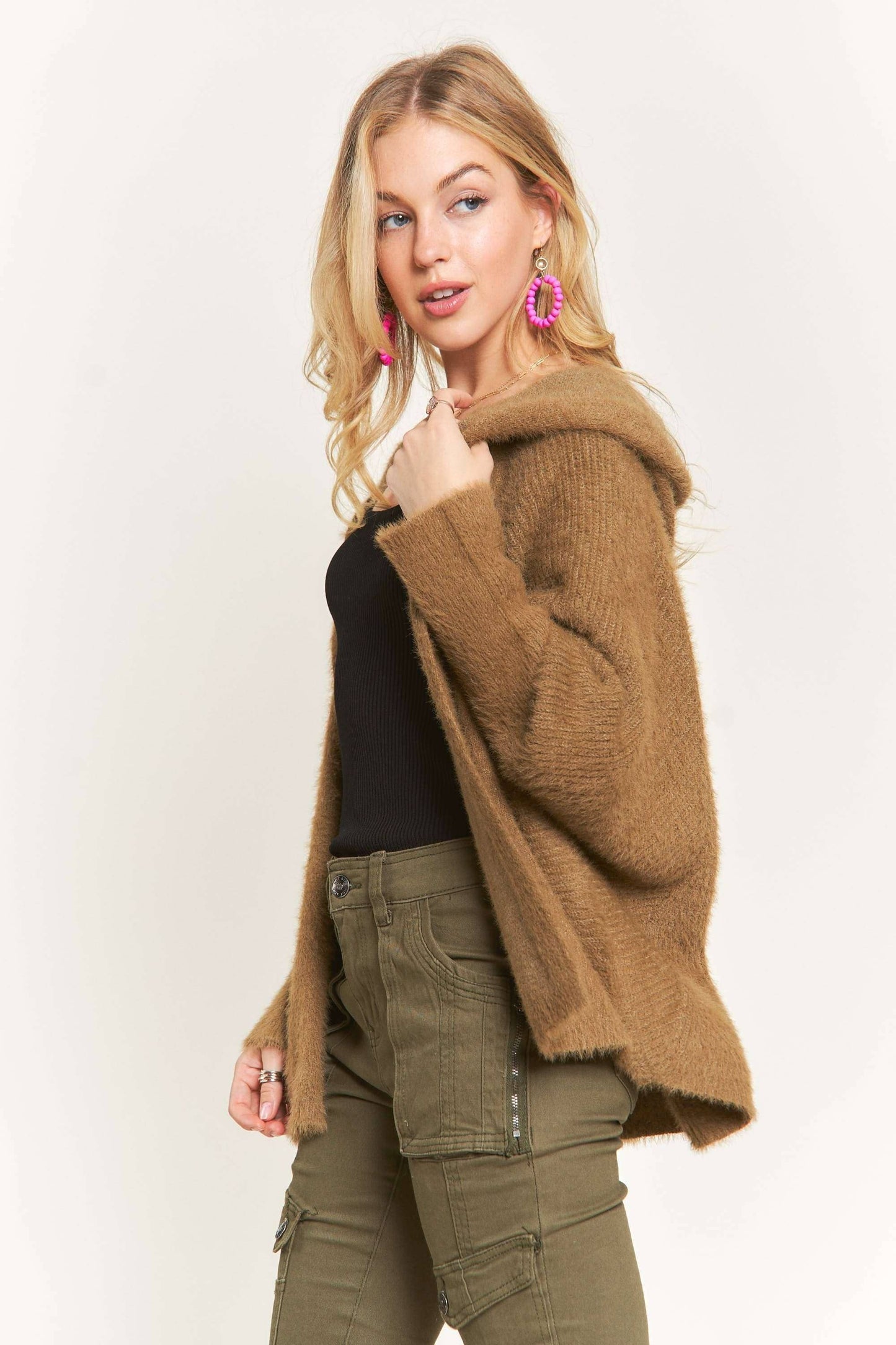 Sadie Soft Fuzzy Hoodie Cardigan - Dark Olive