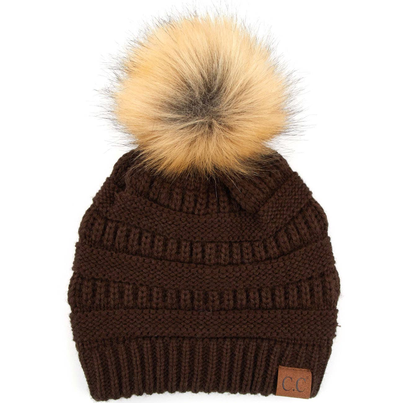 C.C Solid Ribbed Knit Beanie With Pom: Beige
