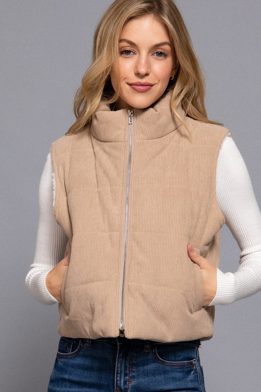 Payton Corduroy Puffer Vest With Faux Fur Inner Liner
