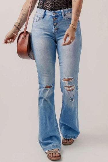 High Waist Ripped Knee Flare Jeans