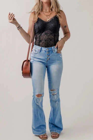 High Waist Ripped Knee Flare Jeans