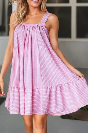 Summer Pink Striped Ruffle Hem Dress