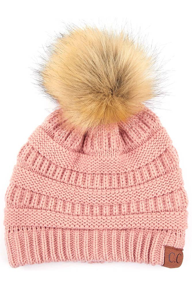 C.C Solid Ribbed Knit Beanie With Pom: Beige