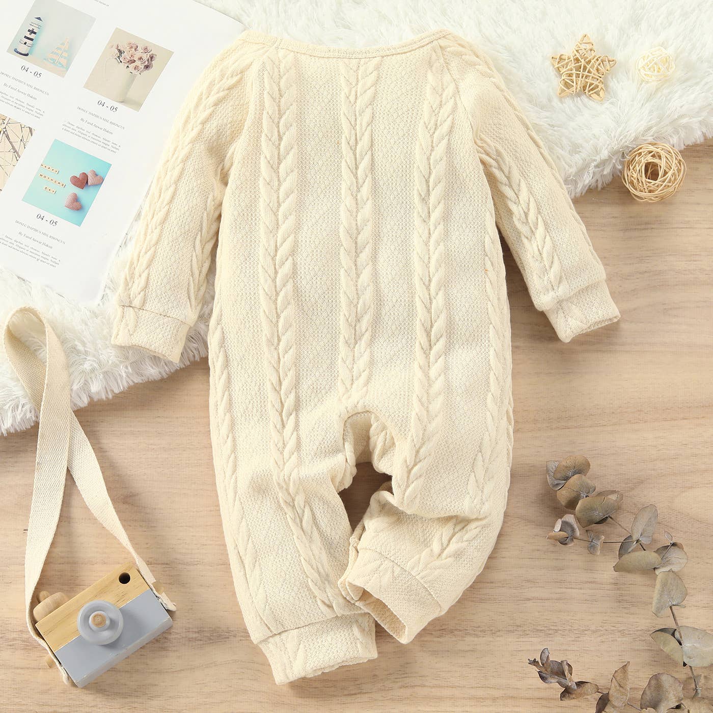Baby Boy Solid Cable Knit Long-sleeve Jumpsuit: Brown / 6-9 Months