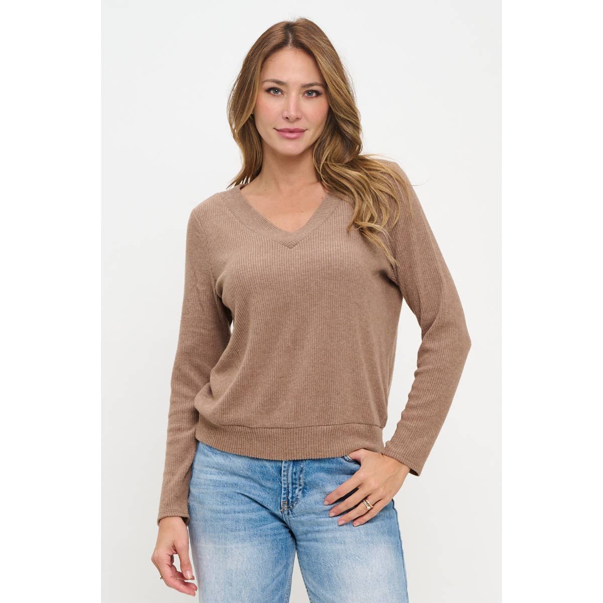 Jacie Lightweight V-Neck Ribbed Sweater - Mocha