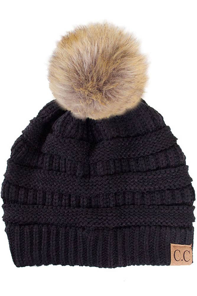C.C Solid Ribbed Knit Beanie With Pom: Beige