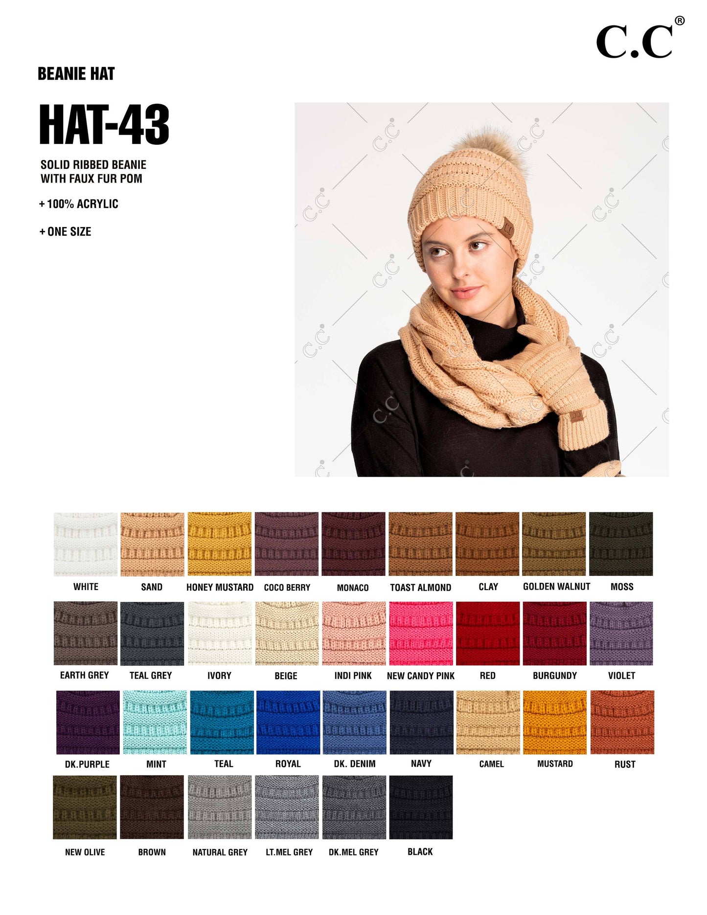 C.C Solid Ribbed Knit Beanie With Pom: Beige