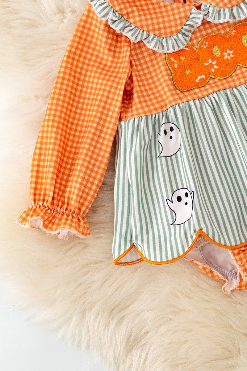 Orange gingham & stripe printed baby dress w/attached bloomers. RPG62348 JEAN: 3-6M