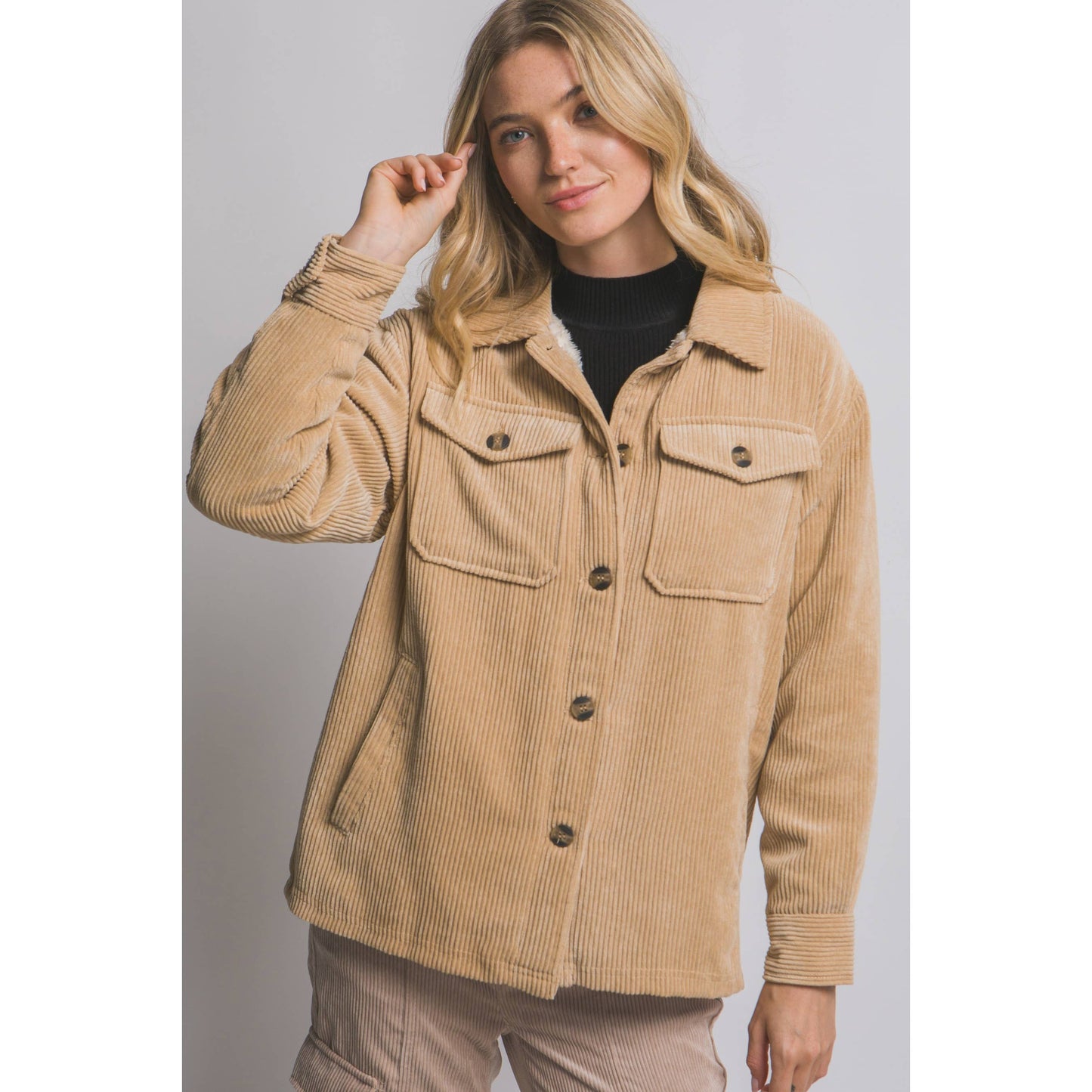Carly Corduroy Button Up Sherpa Jacket : Beige
