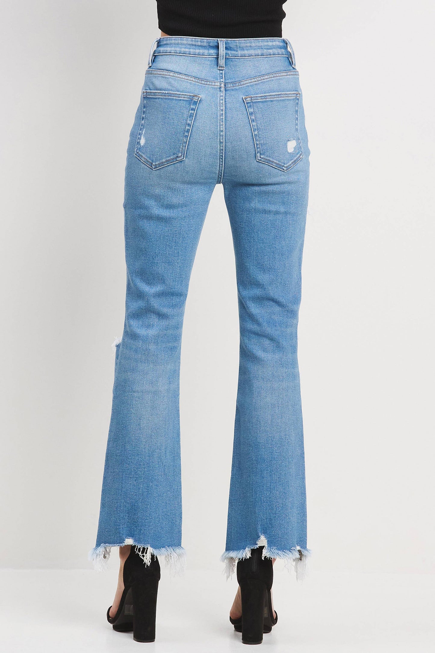 Jelly Brand High Rise Crop Flare with Knee Distress