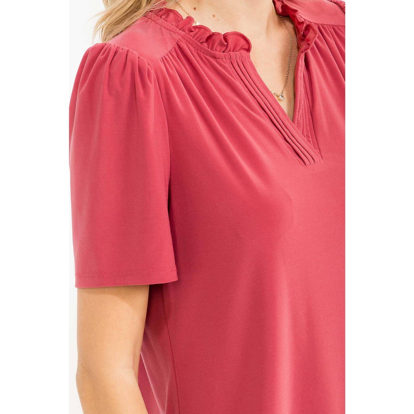 Hannah Pin Tuck Split Neck Top - Holly Berry