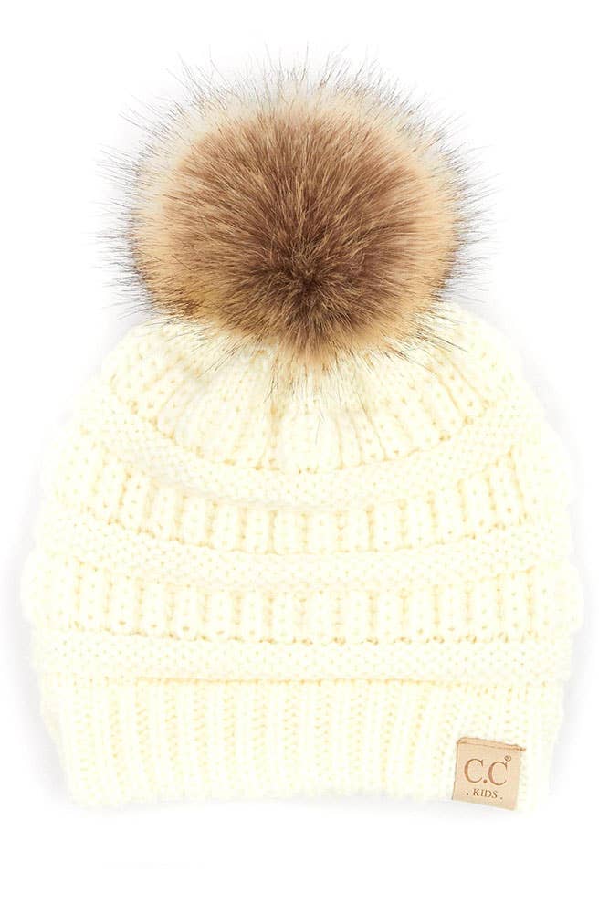 C.C Kids Solid Ribbed Beanie with Pom: Ivory