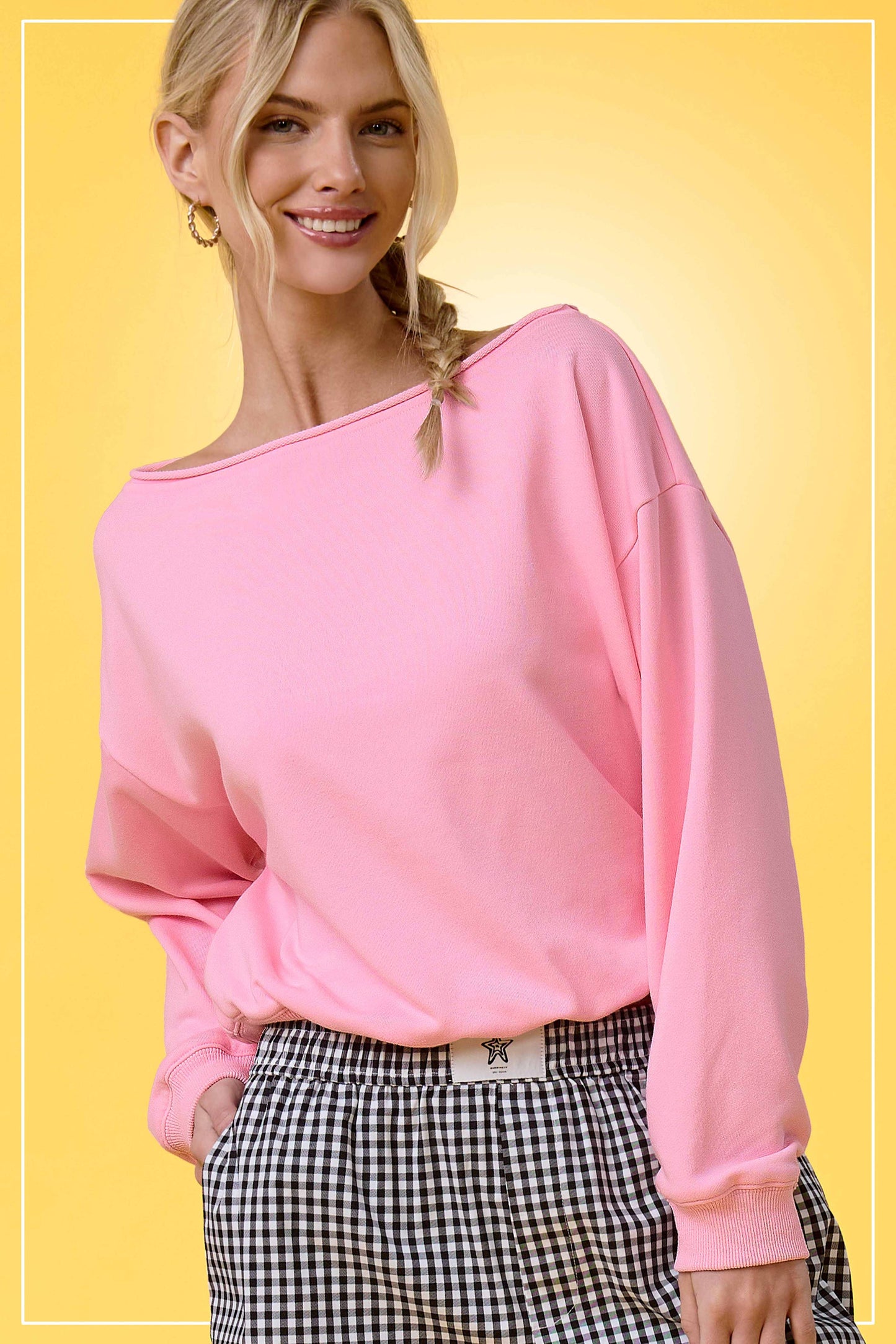 Kylee Raw Edge Boat Neck Sweatshirt: Strawberry Milk