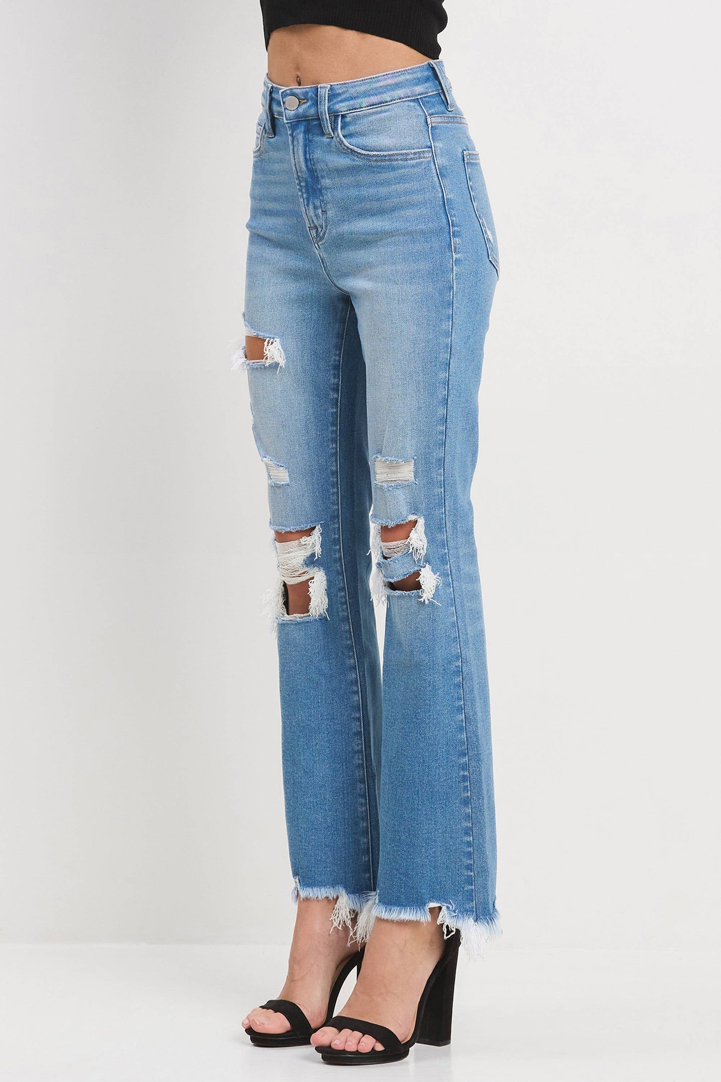 Jelly Brand High Rise Crop Flare with Knee Distress