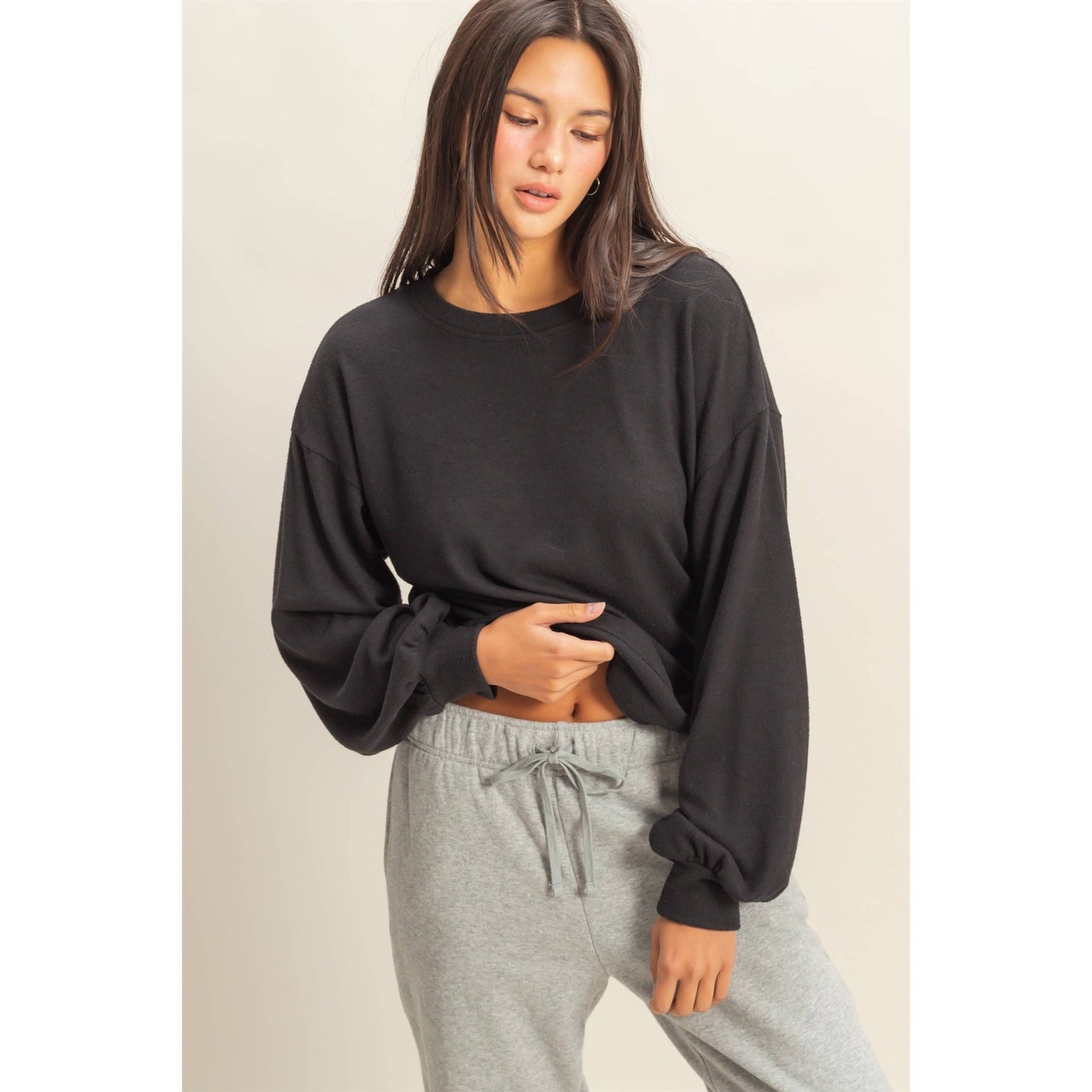 Sierra Soft Hacci Balloon Sleeve Pullover: Black
