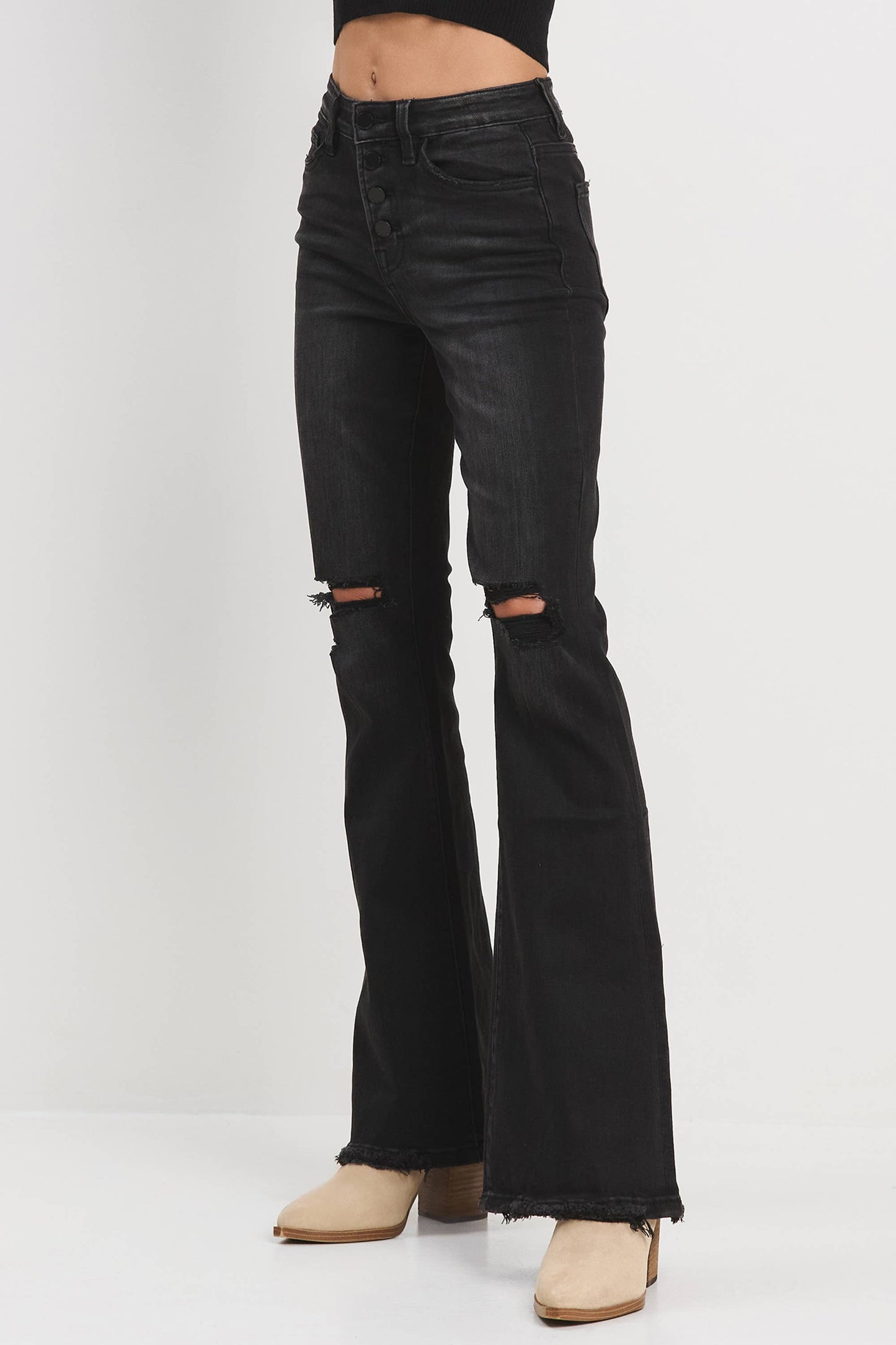 Jelly Brand High Rise Flare with Knee Slits: Washed Black