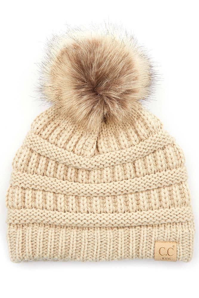 C.C Kids Solid Ribbed Beanie with Pom: Ivory