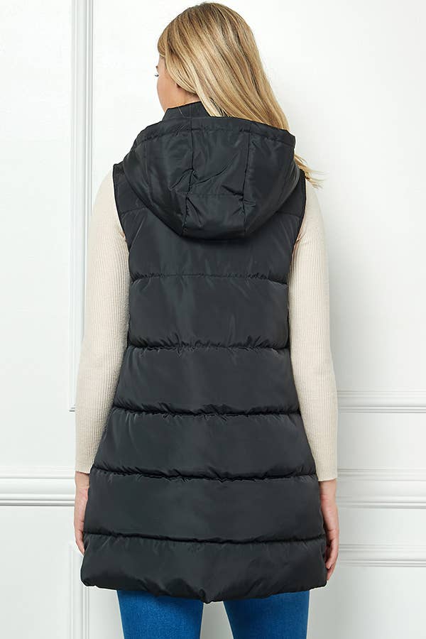 Paige Longline Hooded Puffer Vest: Black