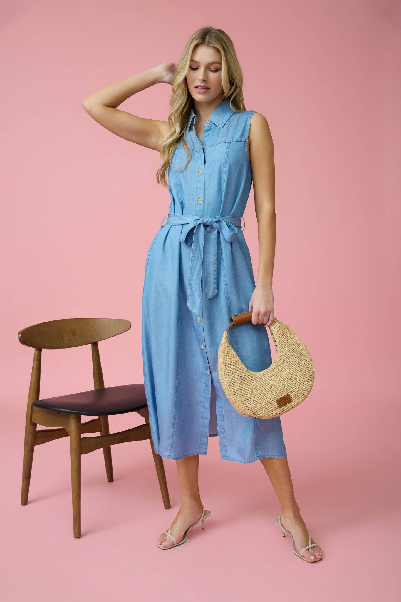 Kendra Belted Chambray Midi Dress