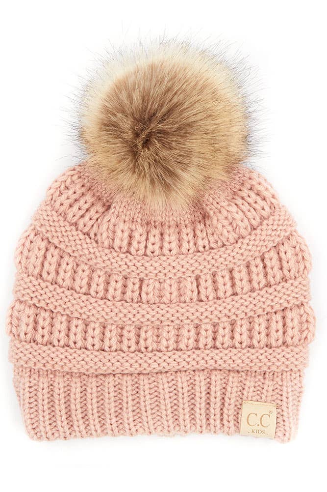 C.C Kids Solid Ribbed Beanie with Pom: Ivory