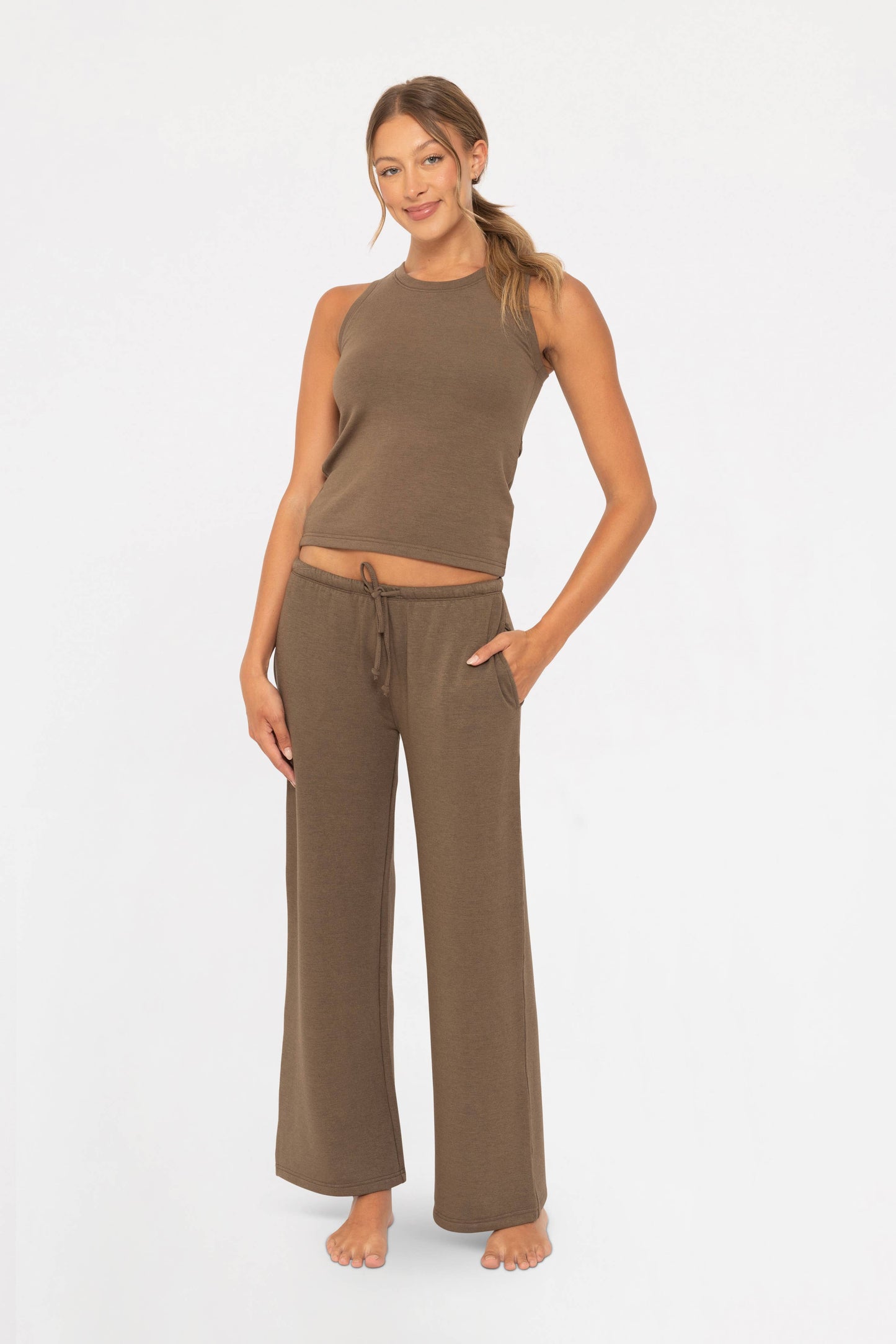 Mono B Low Waist Lounge Wide Leg Pants - Java