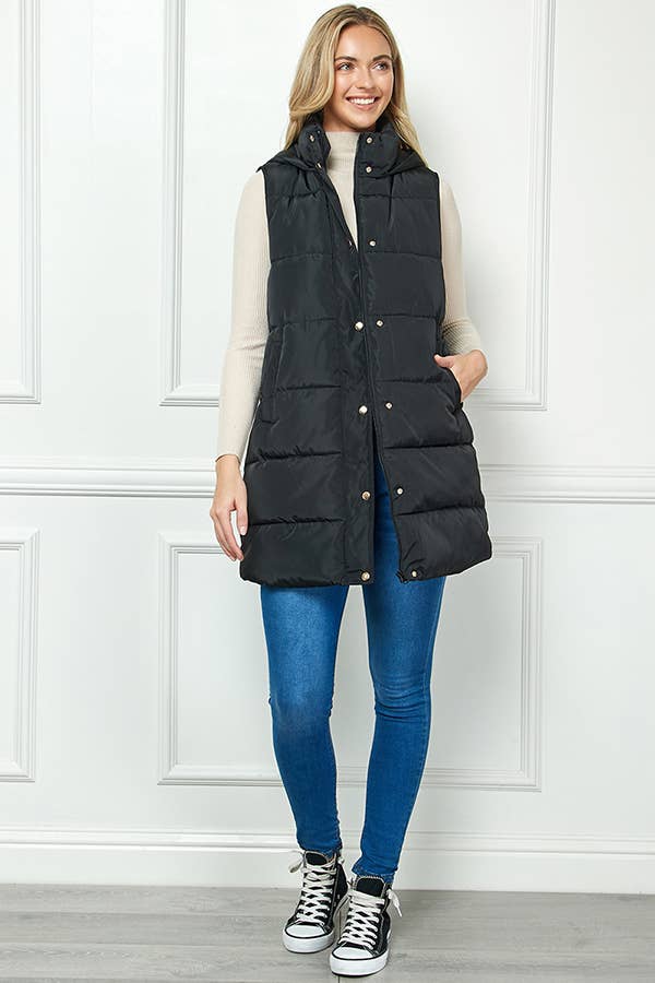 Paige Longline Hooded Puffer Vest: Black