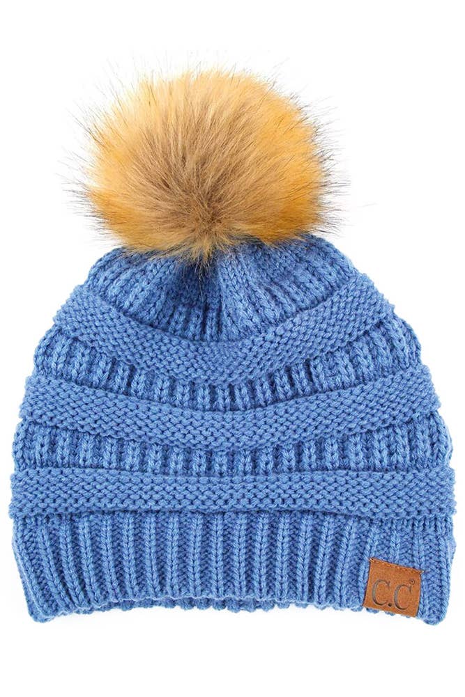 C.C Solid Ribbed Knit Beanie With Pom: Beige