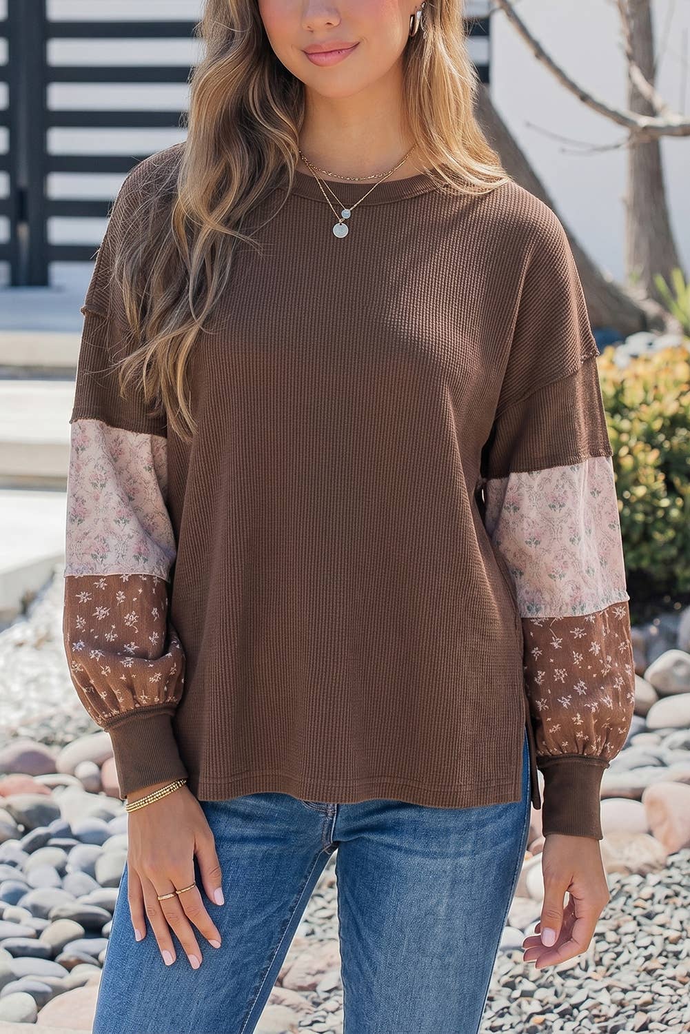 Carly Colorblock Textured Pullover Tunic Top: Coffee