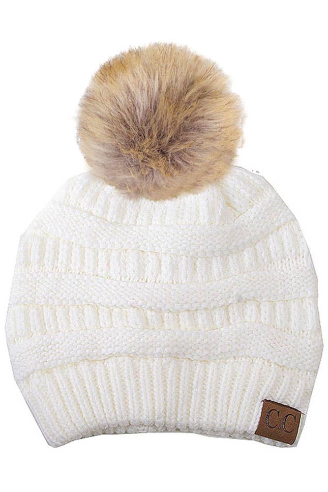 C.C Solid Ribbed Knit Beanie With Pom: Beige