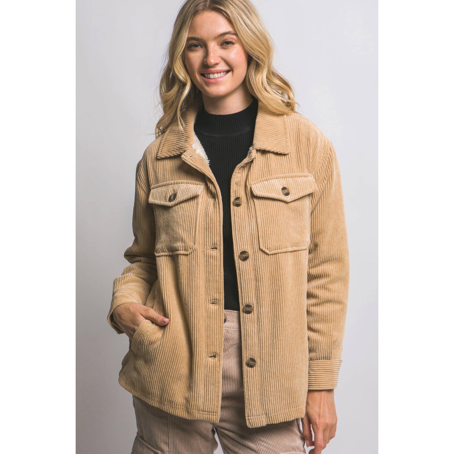 Carly Corduroy Button Up Sherpa Jacket : Beige