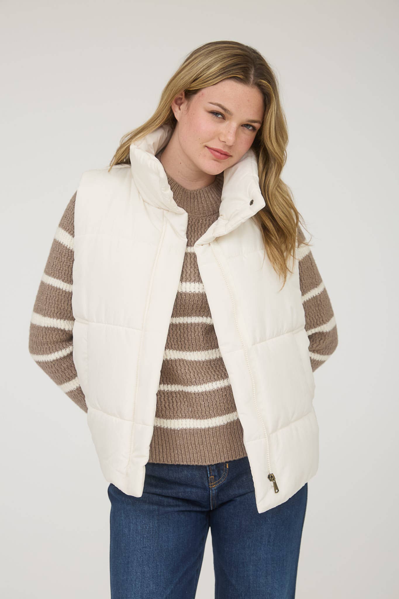 Madison Zip Up Puffer Vest - Ivory