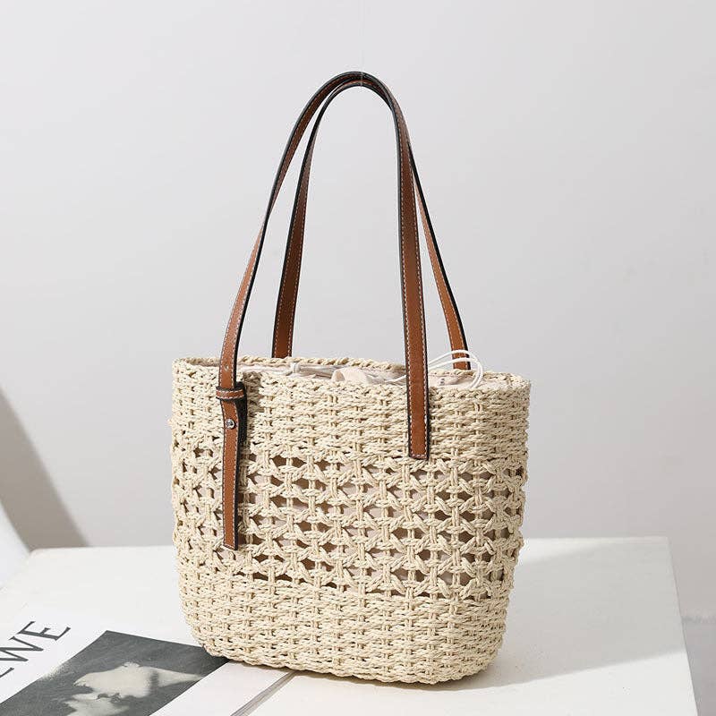Hollow Weave Straw Tote: Cream