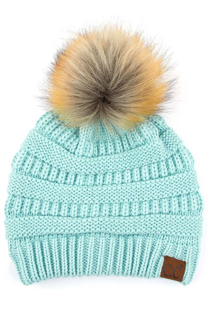 C.C Solid Ribbed Knit Beanie With Pom: Beige