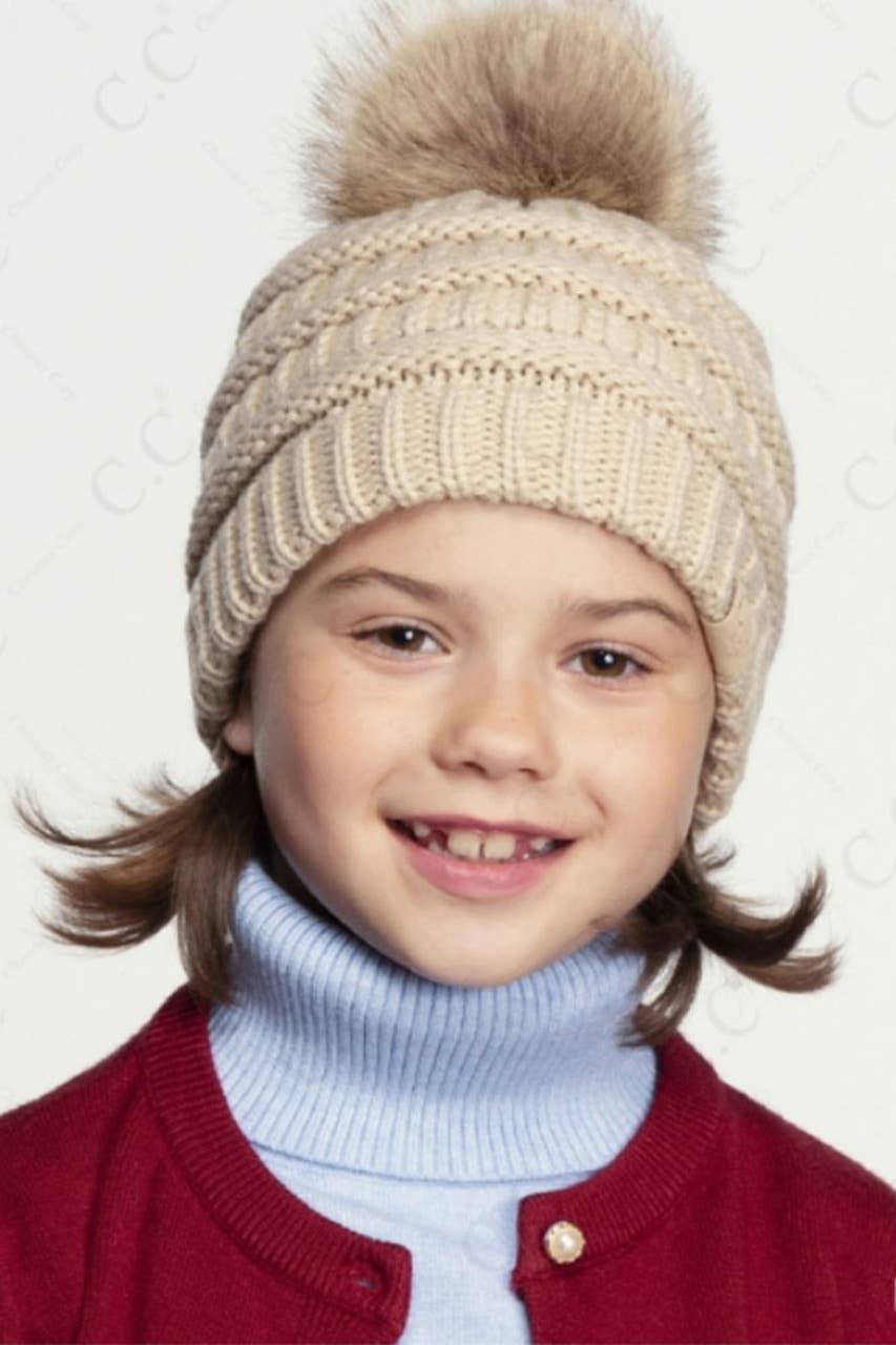 C.C Kids Solid Ribbed Beanie with Pom: Ivory