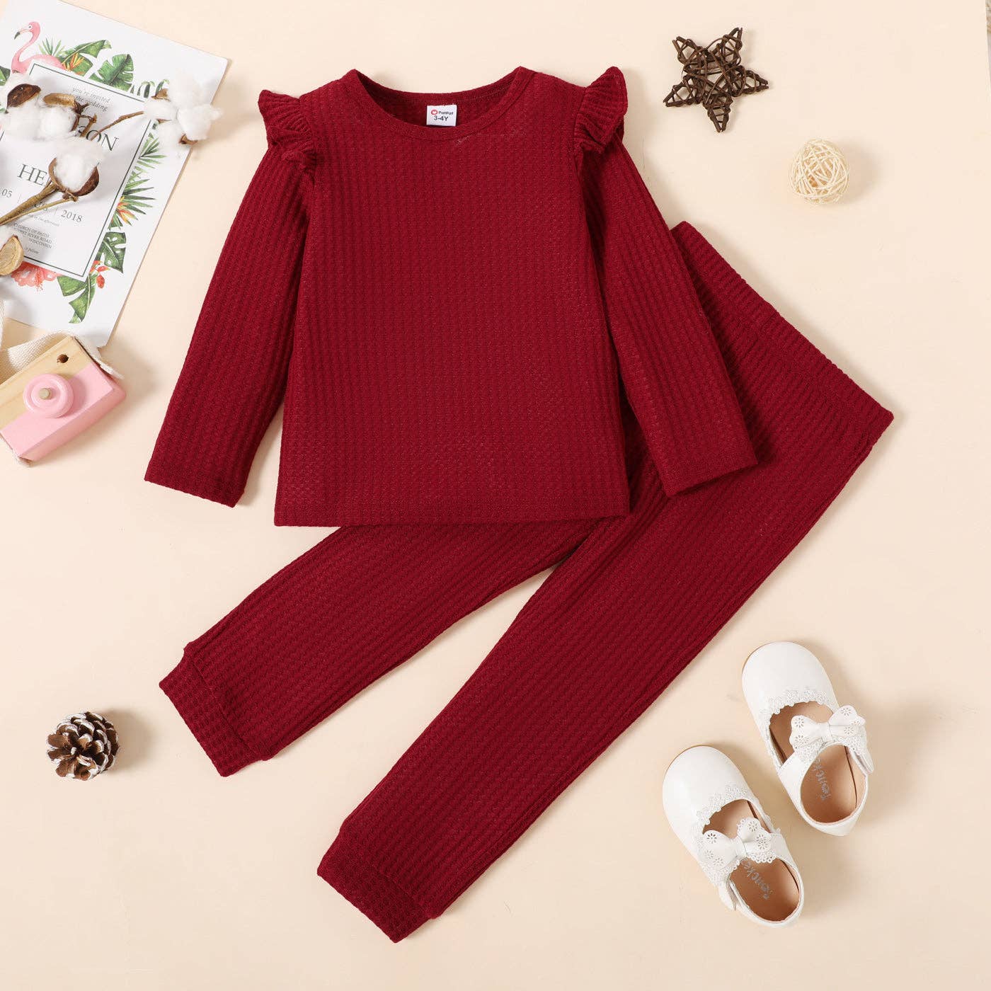 2-piece Toddler Girl Textured Top Color Pants Set: Pink / 18-24 Months