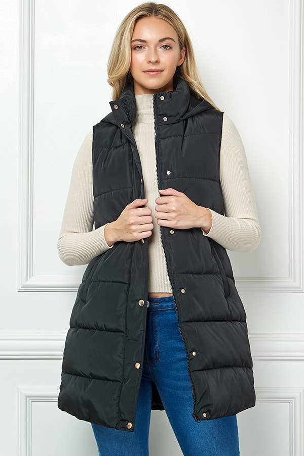 Paige Longline Hooded Puffer Vest: Black