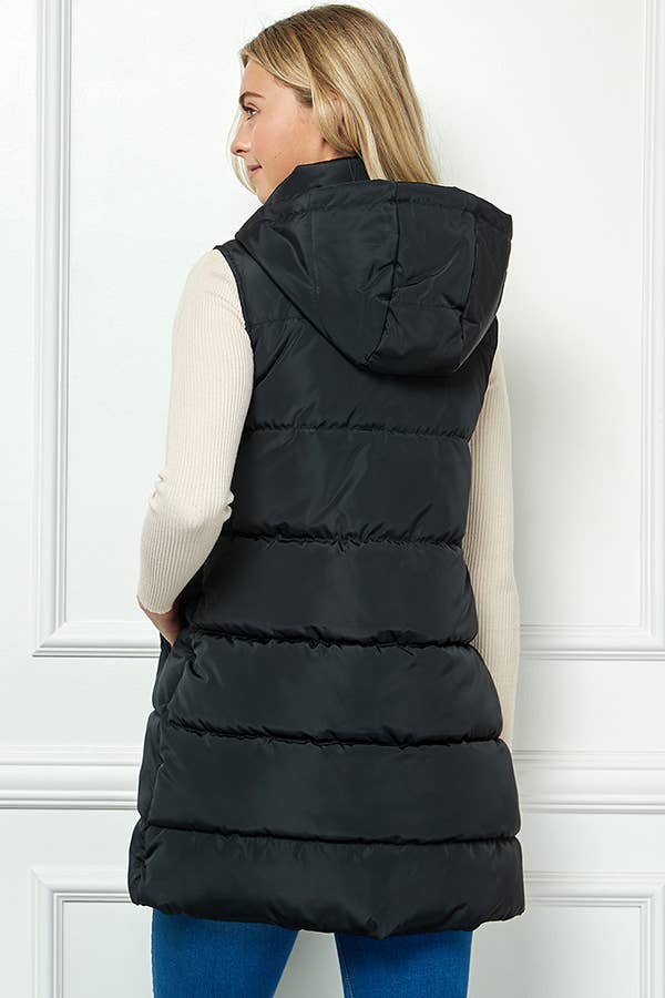 Paige Longline Hooded Puffer Vest: Black