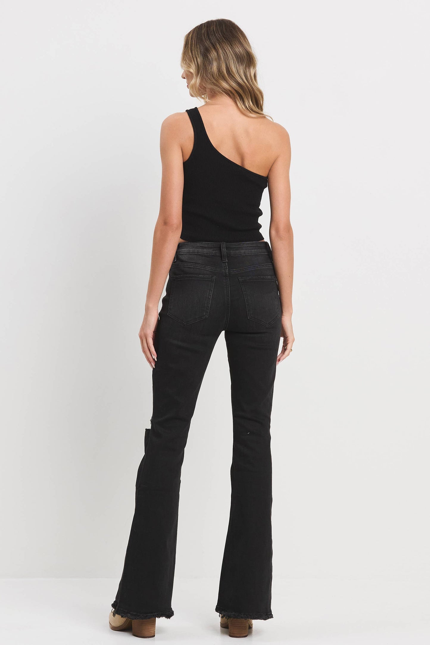 Jelly Brand High Rise Flare with Knee Slits: Washed Black