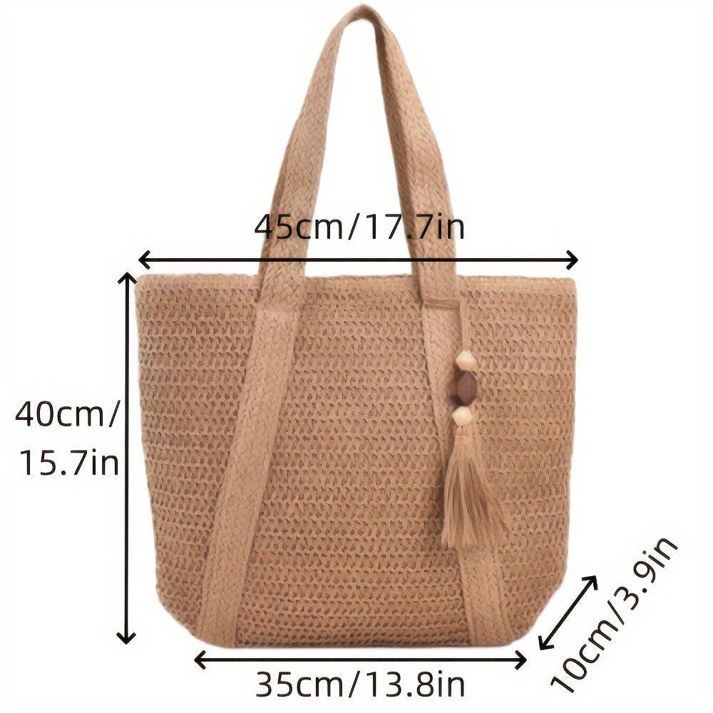 Straw Woven Beach Tote Bag: Khaki